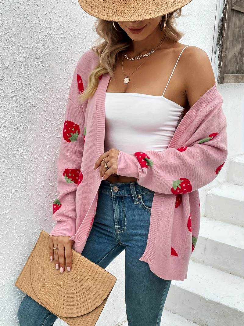 Liora – stylischer erdbeer-cardigan mit offener vorderseite für den frühling