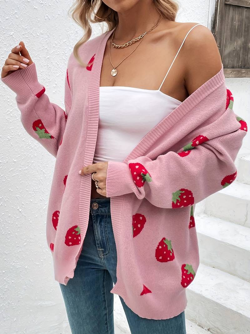 Liora – stylischer erdbeer-cardigan mit offener vorderseite für den frühling