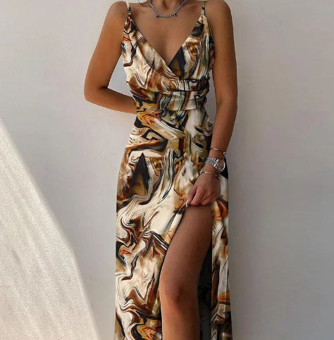 Heidi – V-Ausschnitt Schlitzenkleid mit Print