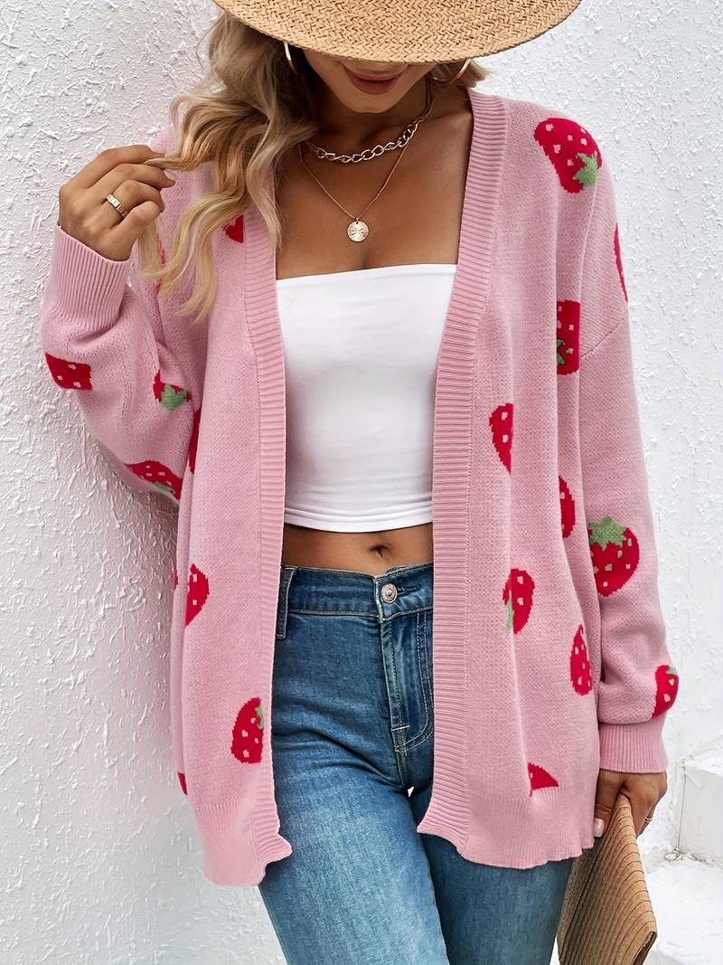 Liora – stylischer erdbeer-cardigan mit offener vorderseite für den frühling