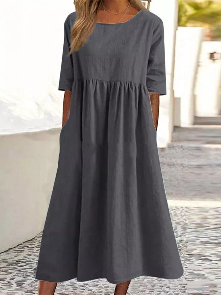 Fudus | Modisches Damenkleid Aus Baumwollleinen Mit Taschen