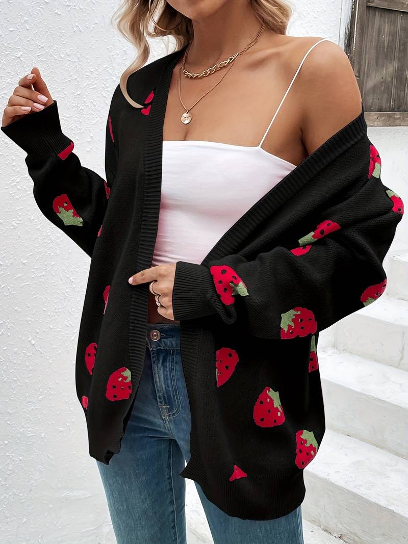 Liora – stylischer erdbeer-cardigan mit offener vorderseite für den frühling