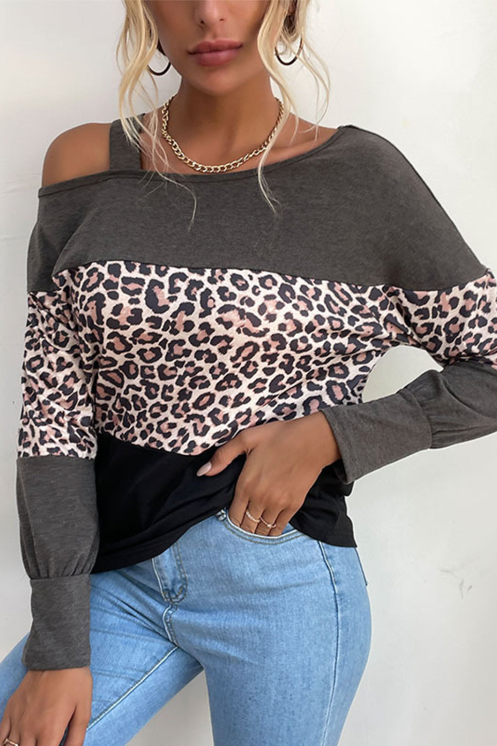 Fudus | Leopardprint Farbblock Kalte Schulter Top