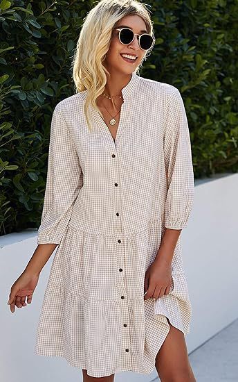 Fudus | Modisches Kariertes Kleid Mit V-ausschnitt Und Dreiviertelärmeln Für Damen