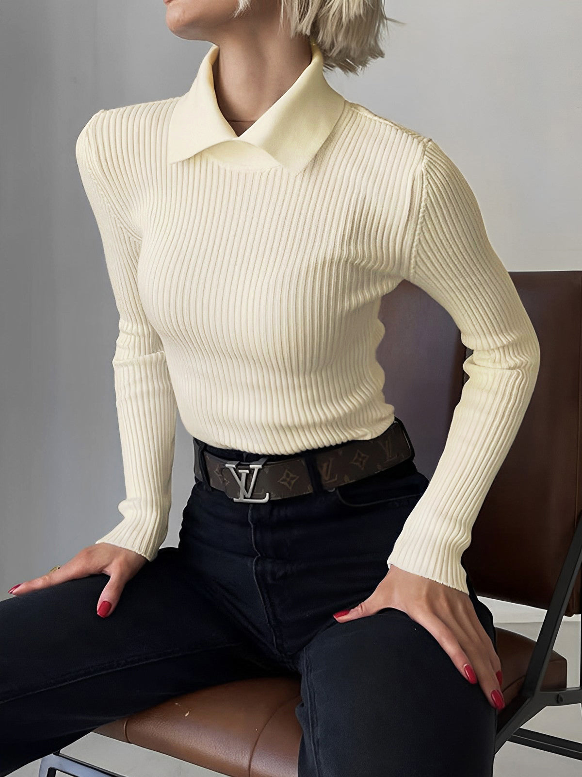 Fudus | Vanille Polo Langarm Strickoberteil