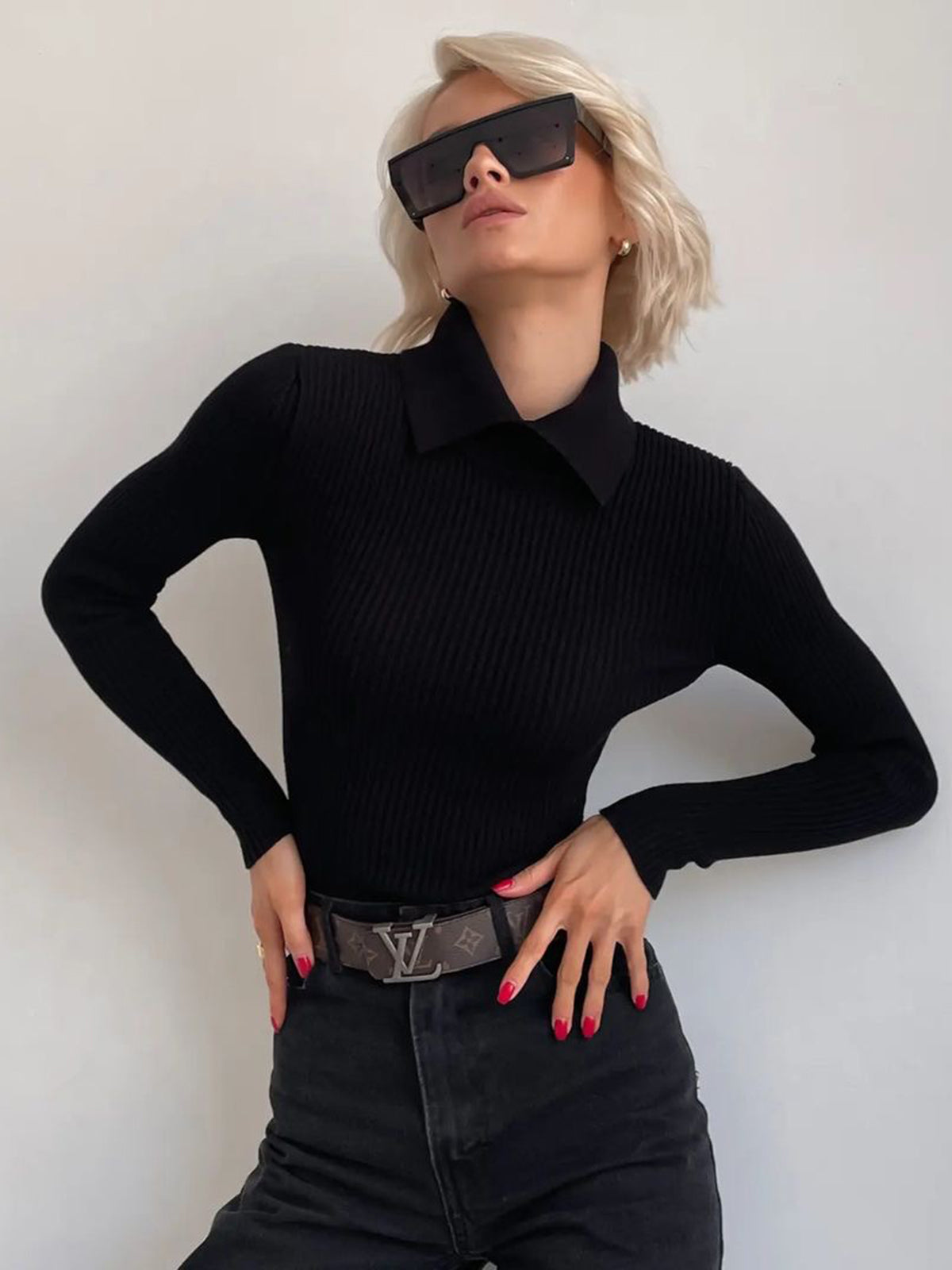 Fudus | Vanille Polo Langarm Strickoberteil