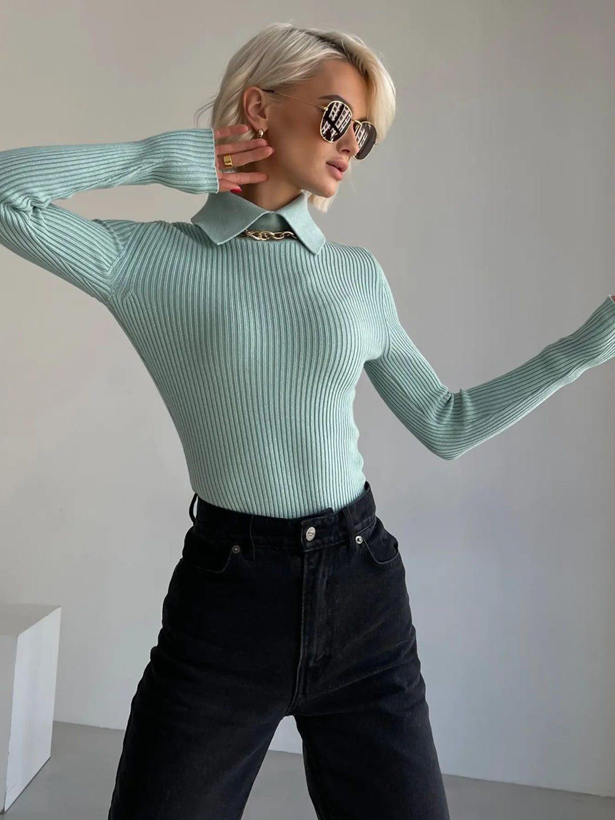 Fudus | Vanille Polo Langarm Strickoberteil