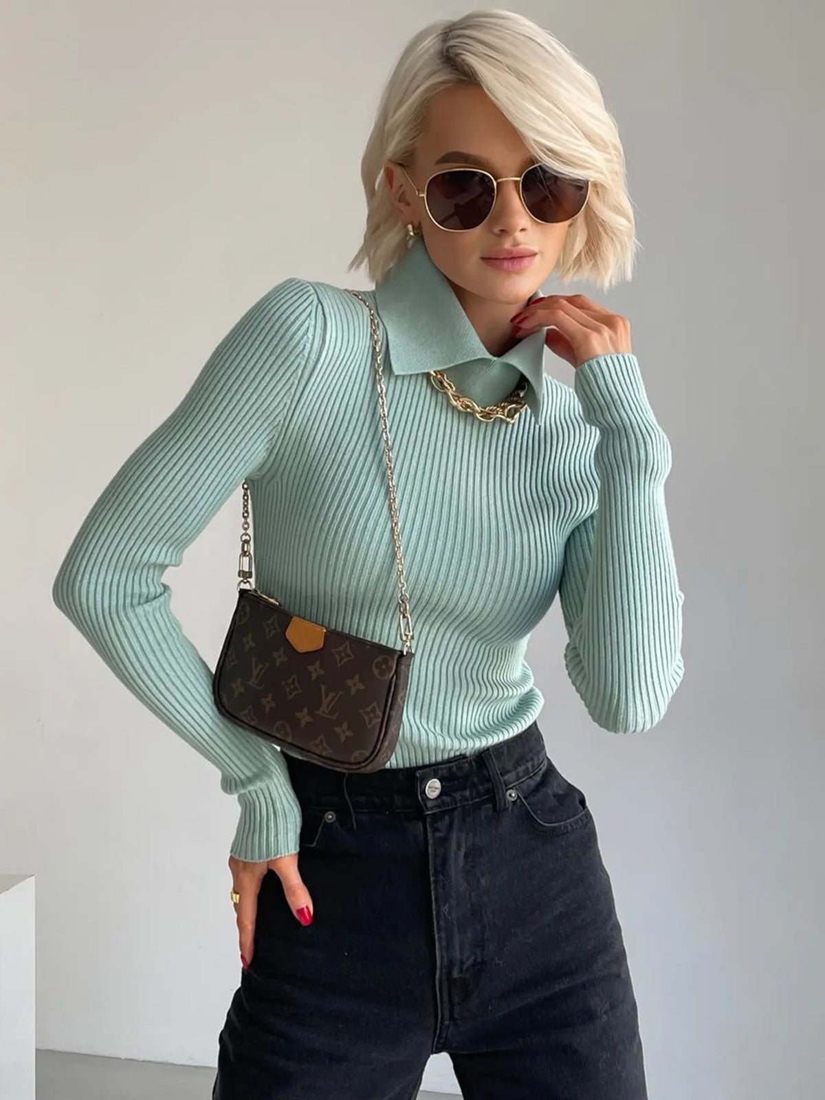 Fudus | Vanille Polo Langarm Strickoberteil