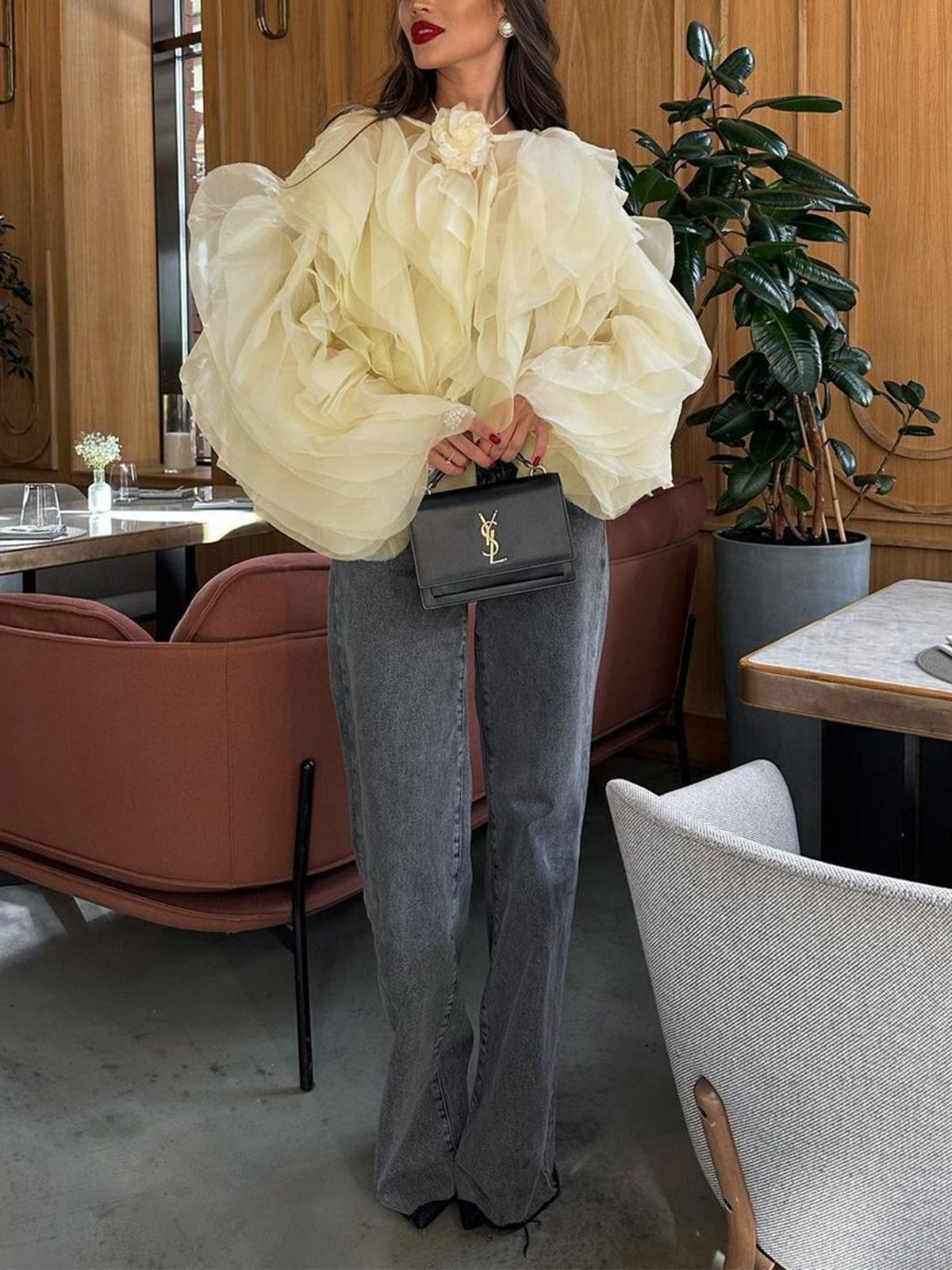 Fudus | Halbtransparente Chiffon Rüschenhemd Mit Rundhalsausschnitt