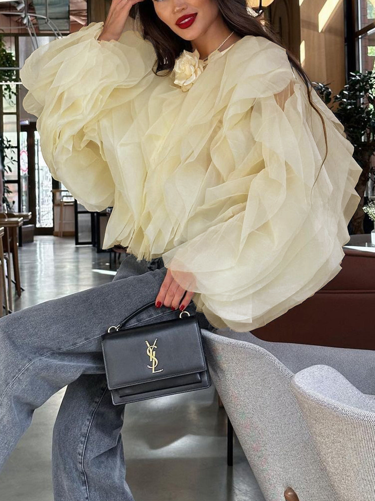 Fudus | Halbtransparente Chiffon Rüschenhemd Mit Rundhalsausschnitt
