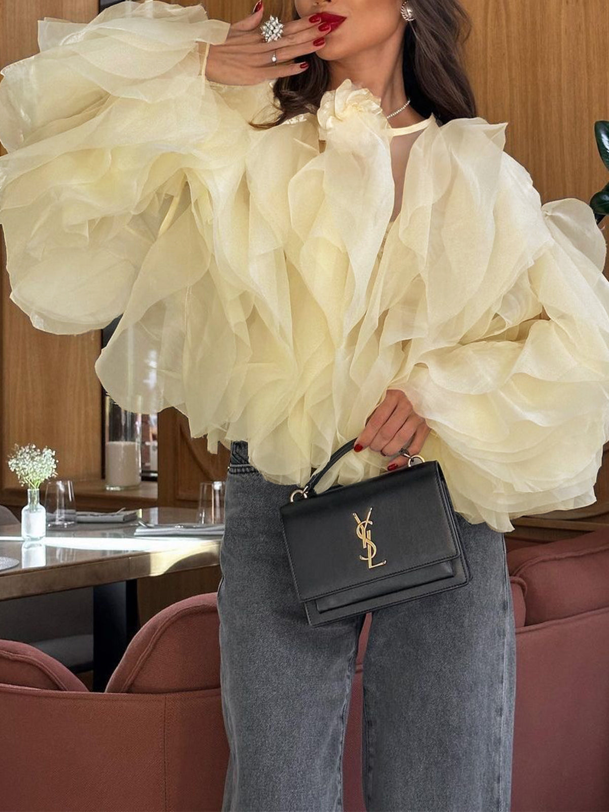 Fudus | Halbtransparente Chiffon Rüschenhemd Mit Rundhalsausschnitt