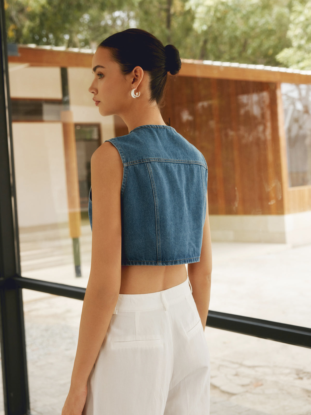 Fudus | Knopf Front Doppeltaschen Denim Oberteil
