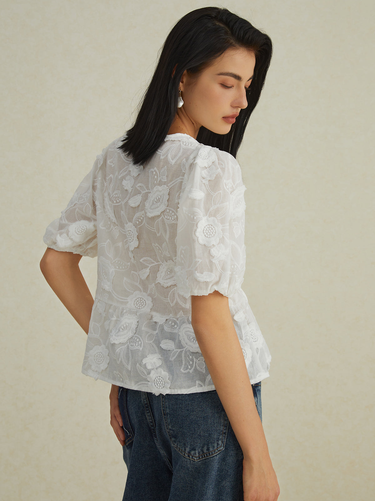 Fudus | Halbtransparent Blumen Knoten Puffärmel Bluse