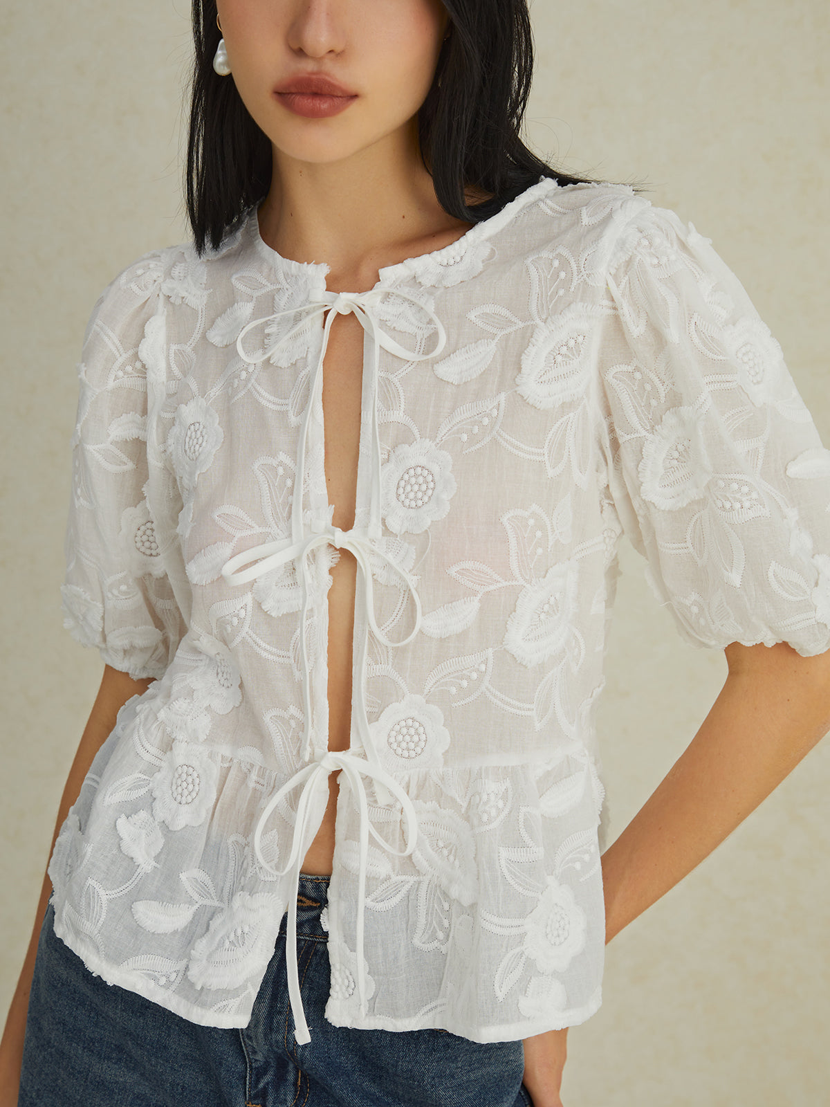 Fudus | Halbtransparent Blumen Knoten Puffärmel Bluse