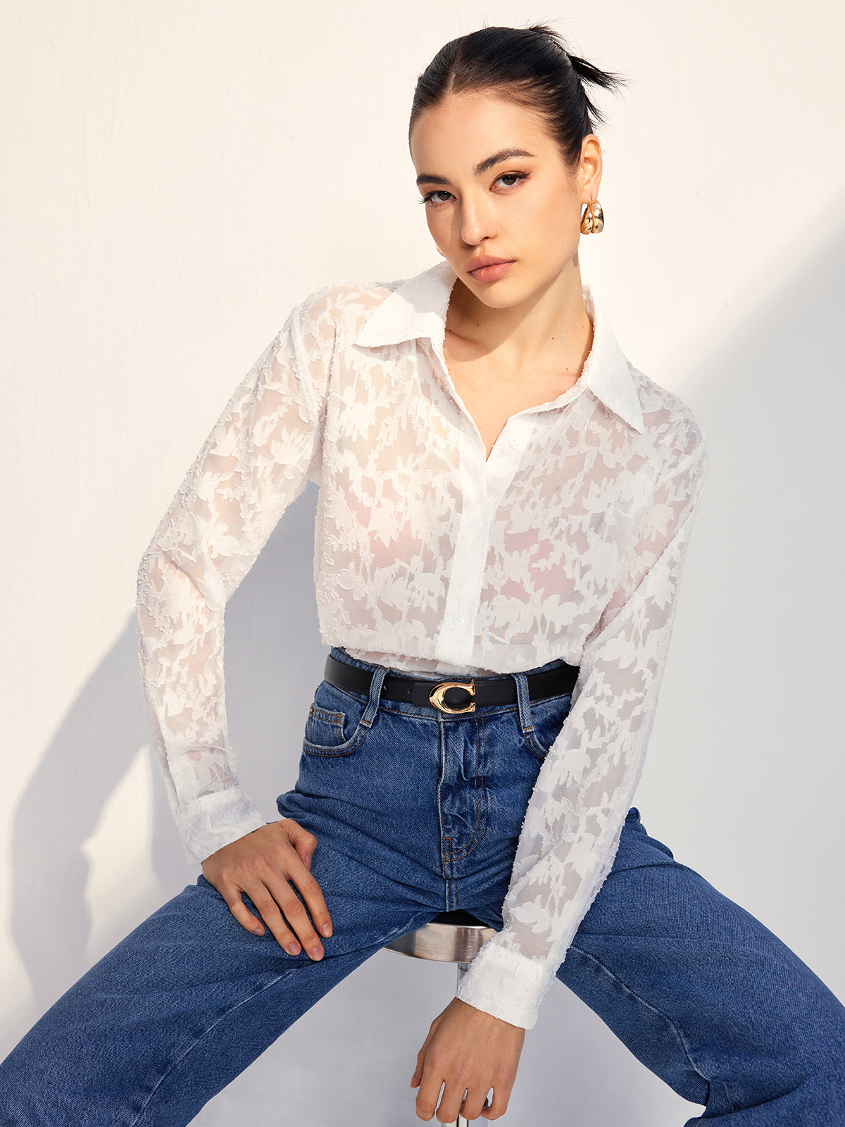 Fudus | Semi Sheer Jacquard Knopfhemd
