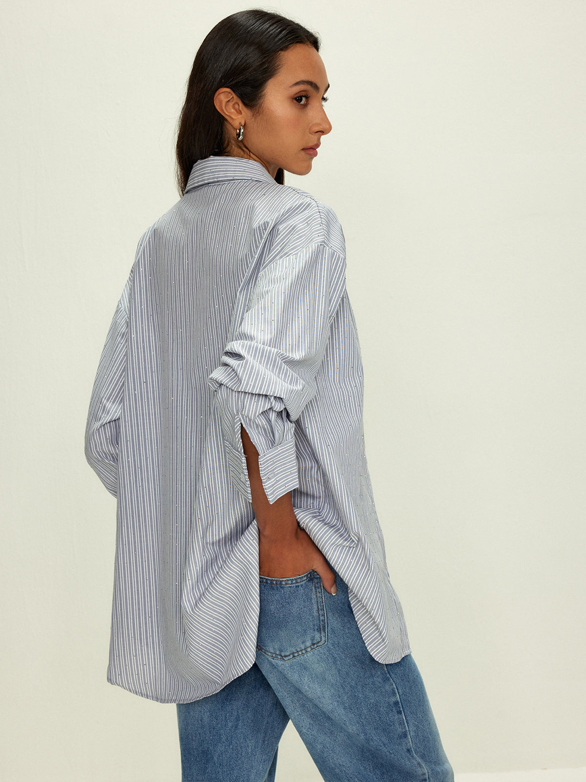Fudus | Rhinestone Dot Pinstripe Pocket Hemd