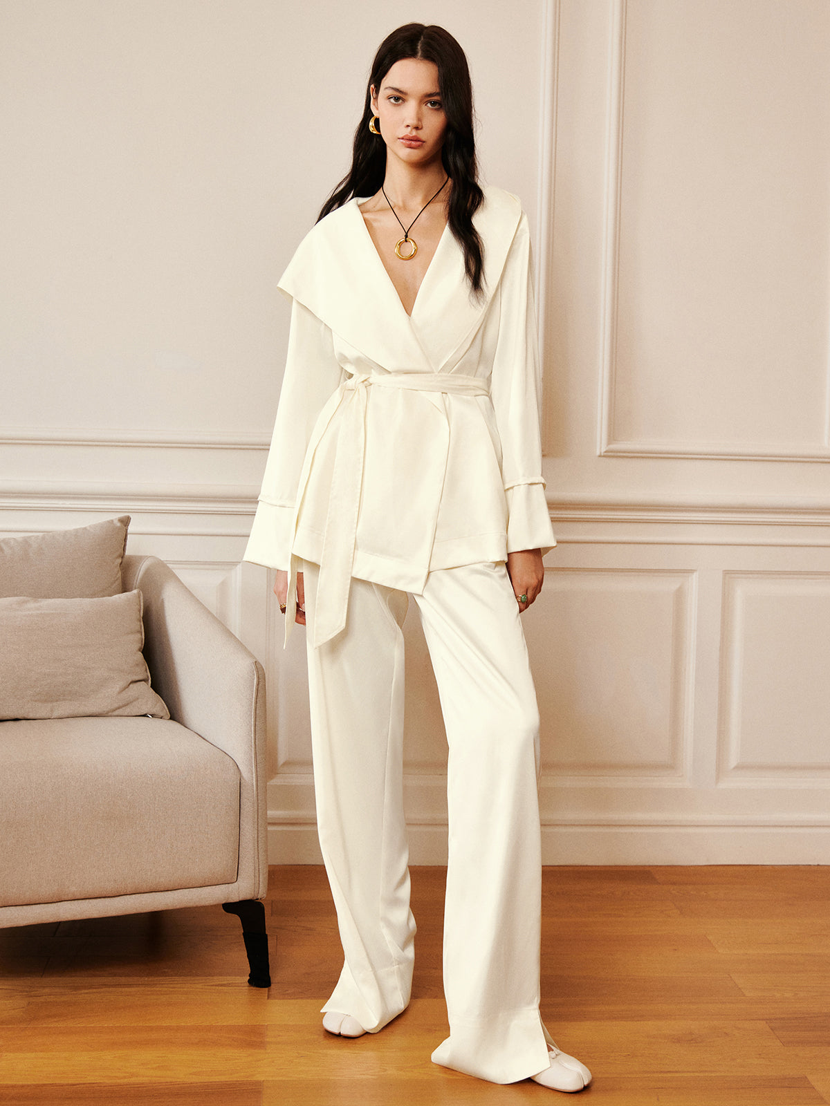 Fudus | Satin Solid Kapuzen Gürtel Bluse