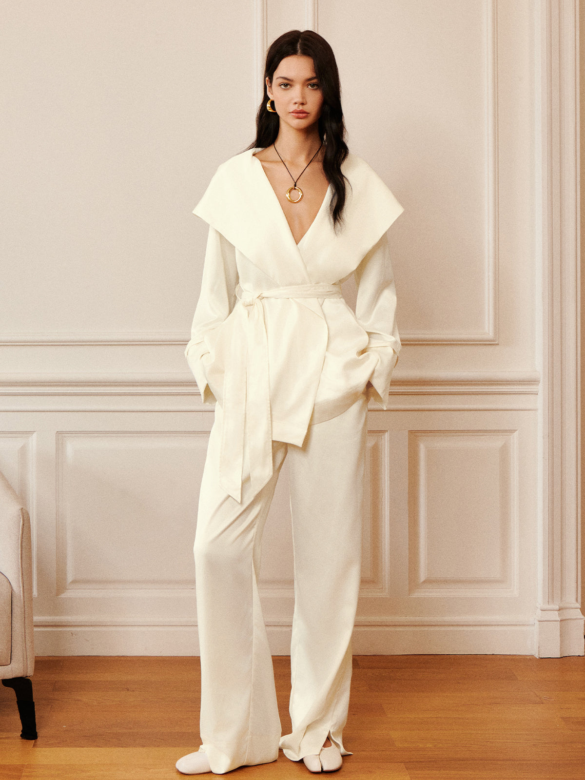 Fudus | Satin Solid Kapuzen Gürtel Bluse