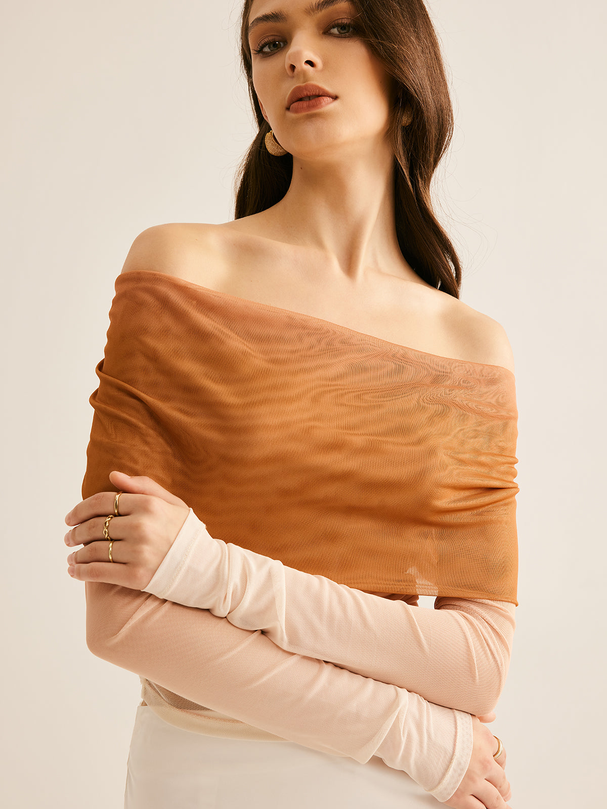 Fudus | Semi Sheer Schulterfrei Mesh Gradient Bluse