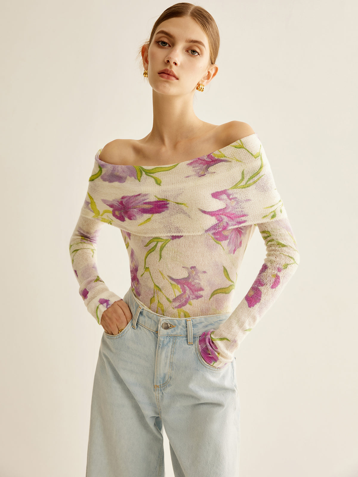 Fudus | Romance Schulterfrei Bedrucktes Stricktop