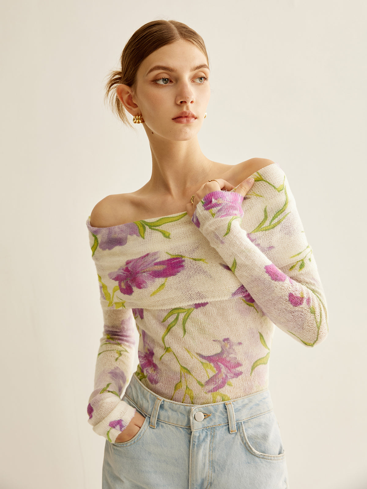 Fudus | Romance Schulterfrei Bedrucktes Stricktop