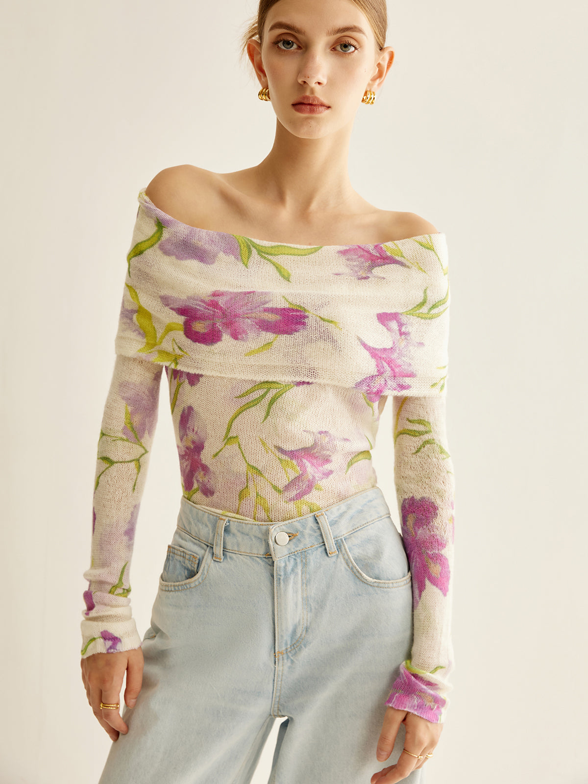 Fudus | Romance Schulterfrei Bedrucktes Stricktop