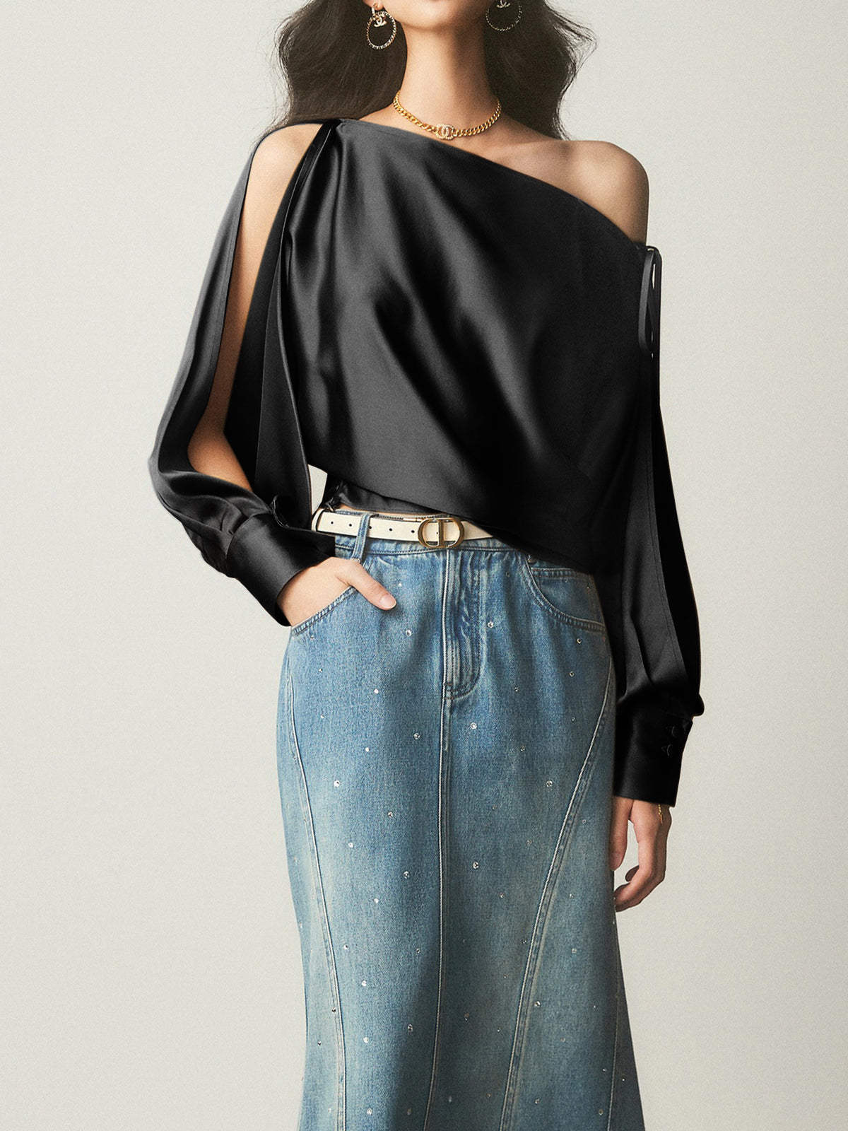 Fudus | Satin Asymmetrische Kalt Schulter Gebundene Bluse