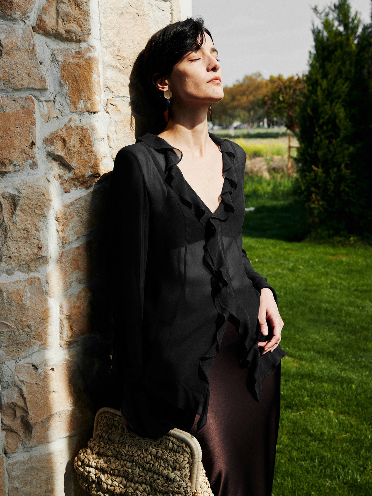 Fudus | Semi Sheer Rüsch Spalt Dünne Bluse