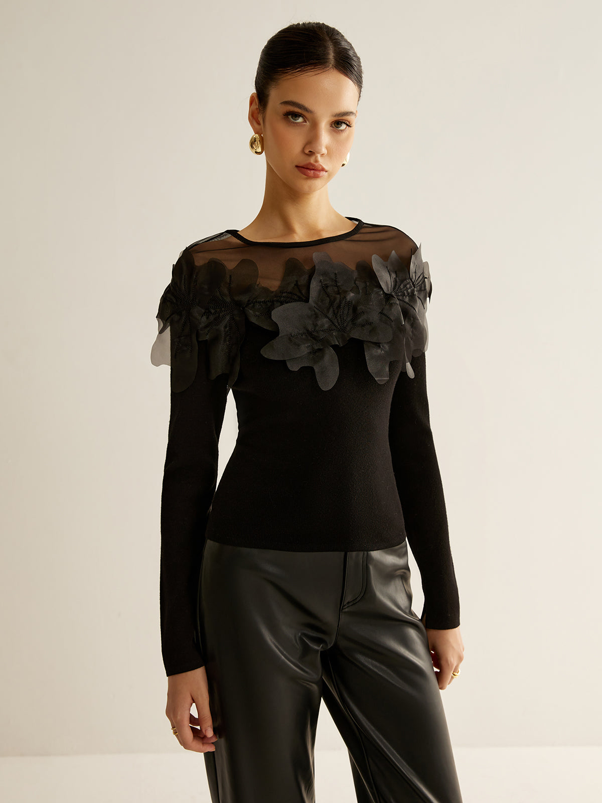 Fudus | Semi Transparent Blumene Dekor Slim Bluse