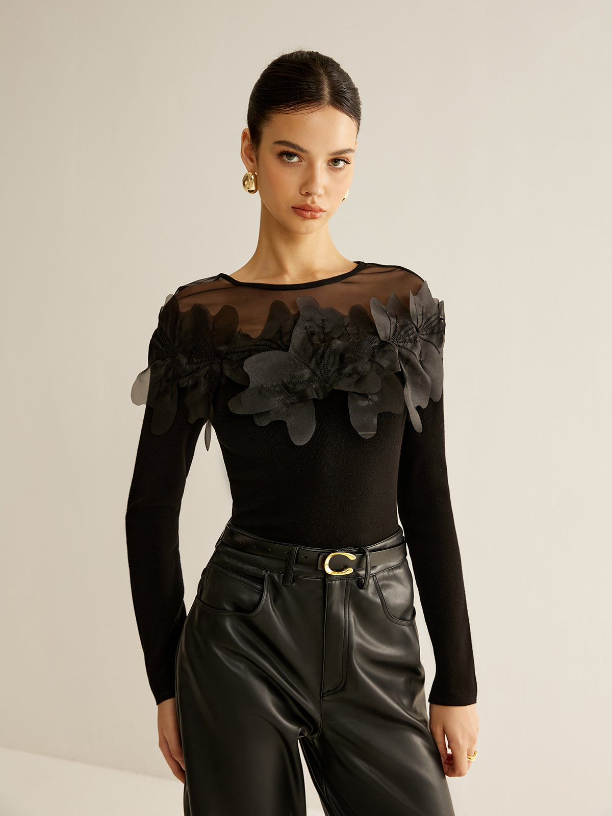 Fudus | Semi Transparent Blumene Dekor Slim Bluse