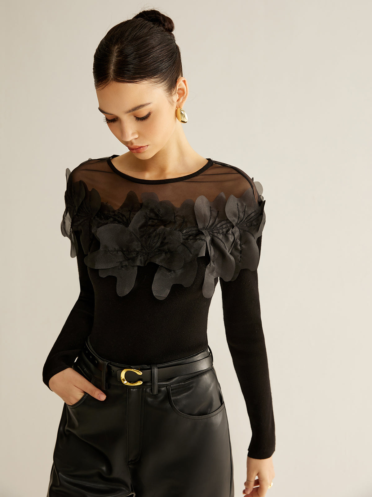 Fudus | Semi Transparent Blumene Dekor Slim Bluse