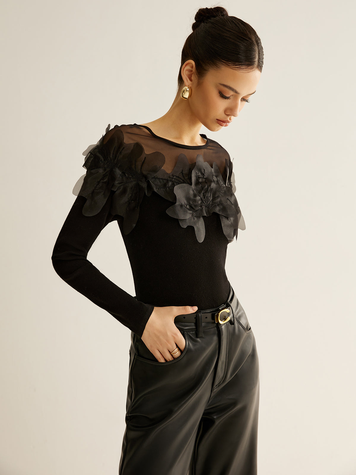 Fudus | Semi Transparent Blumene Dekor Slim Bluse