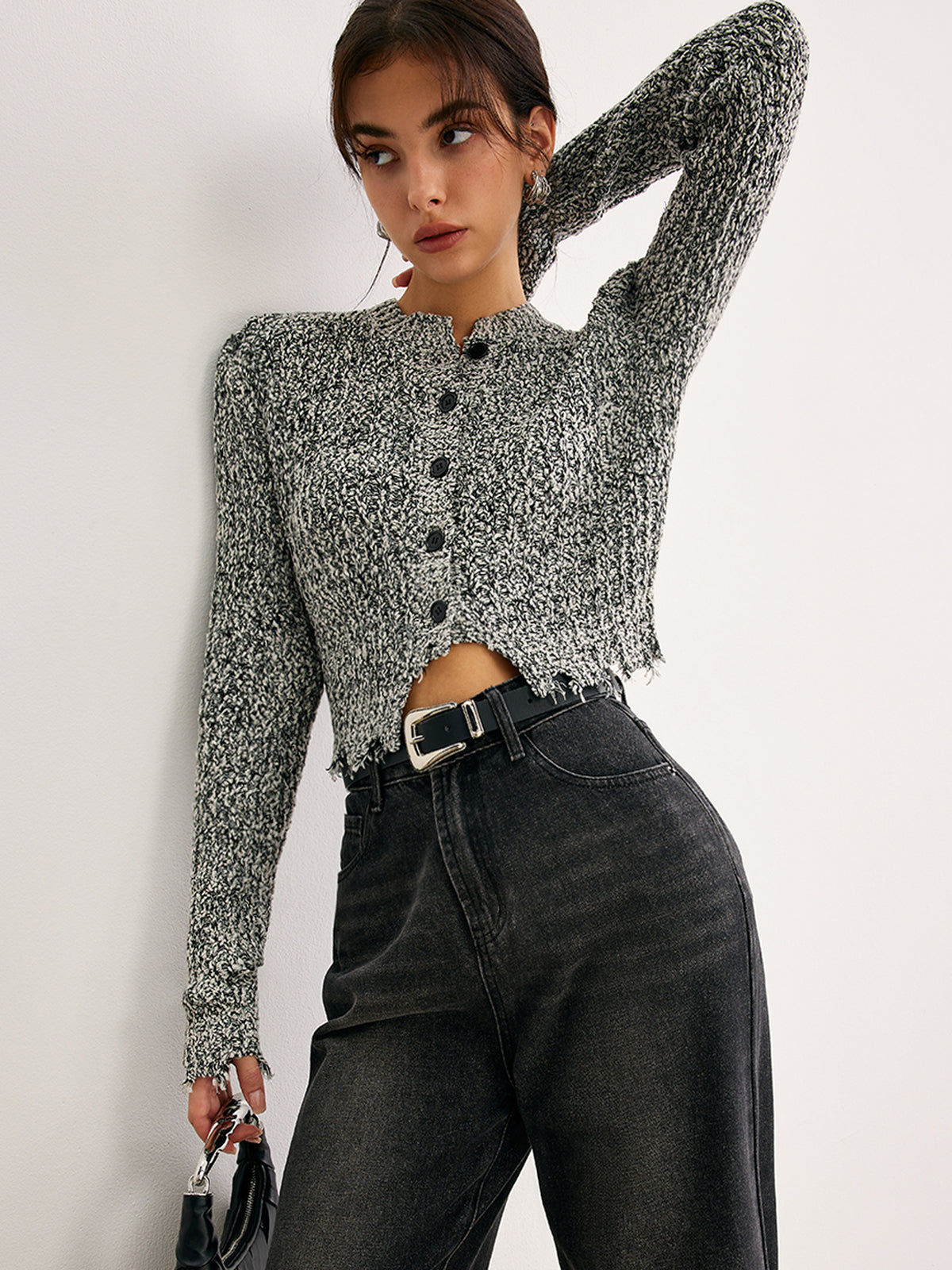 Fudus | Raw Hem Button Slim Knit Top