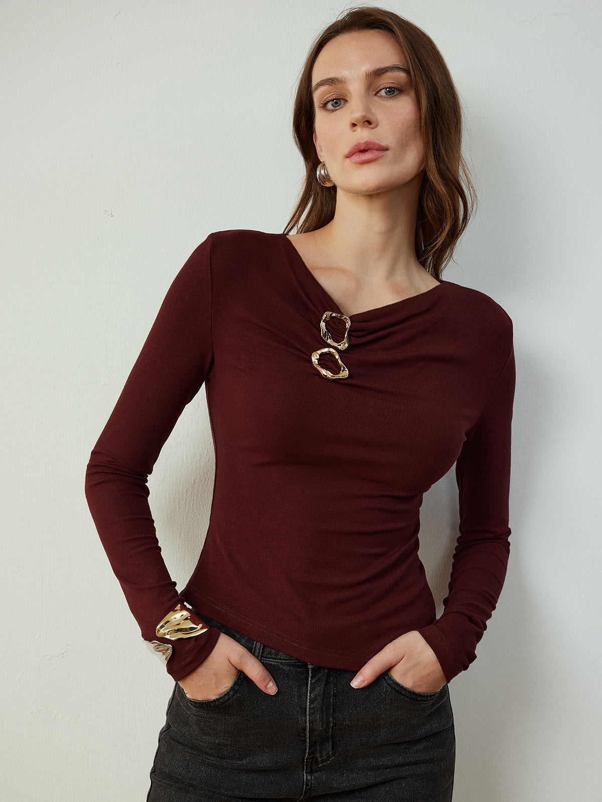 Fudus | Rundhalsausschnitt Metal Dekor Slim T-hemd