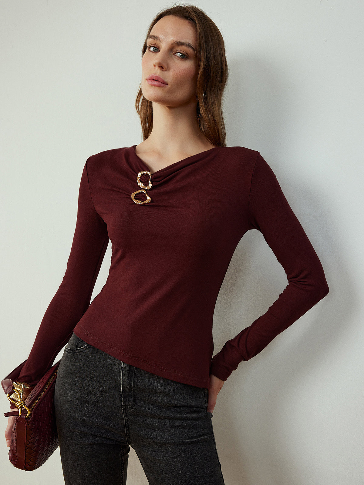 Fudus | Rundhalsausschnitt Metal Dekor Slim T-hemd