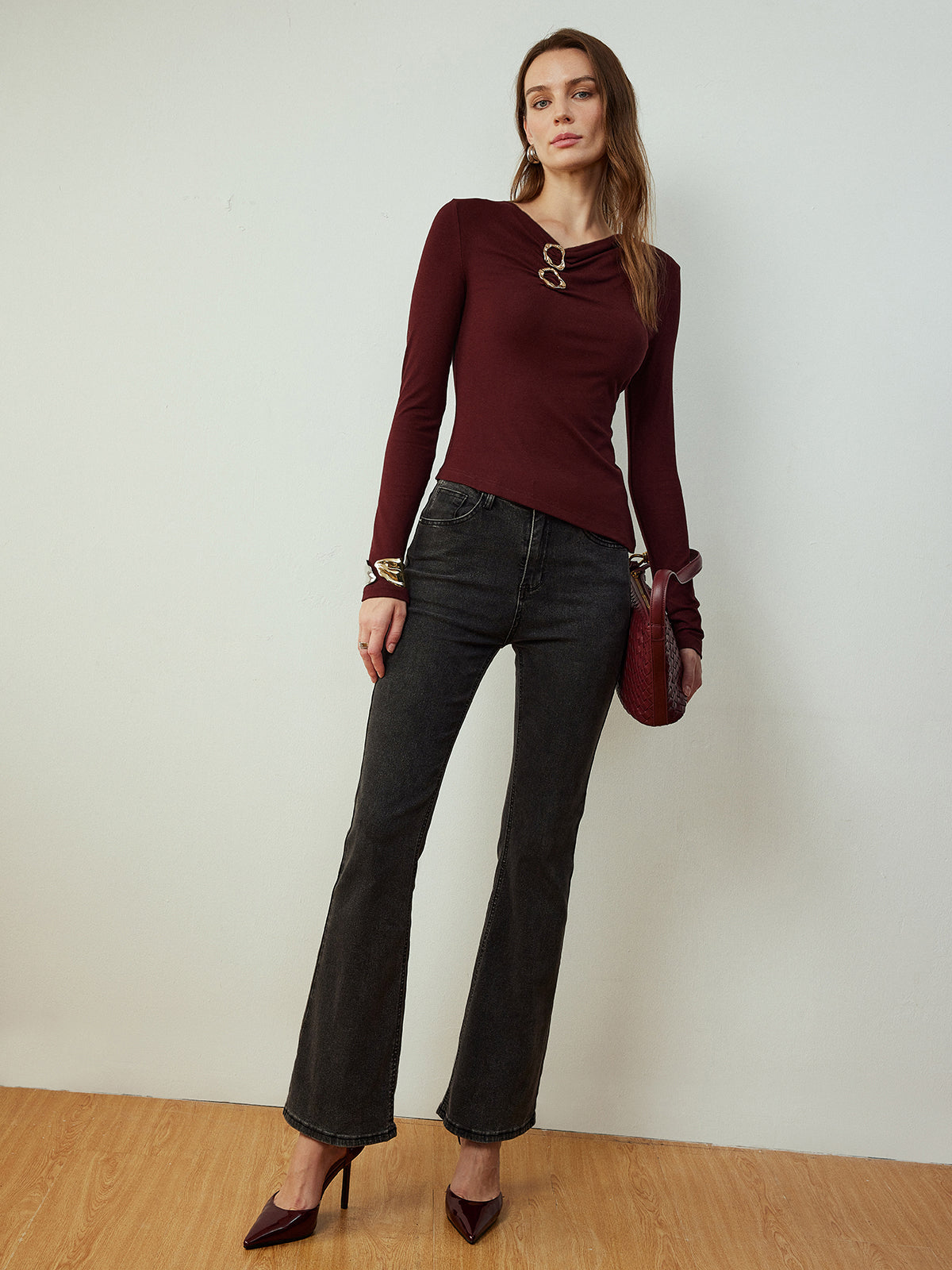 Fudus | Rundhalsausschnitt Metal Dekor Slim T-hemd