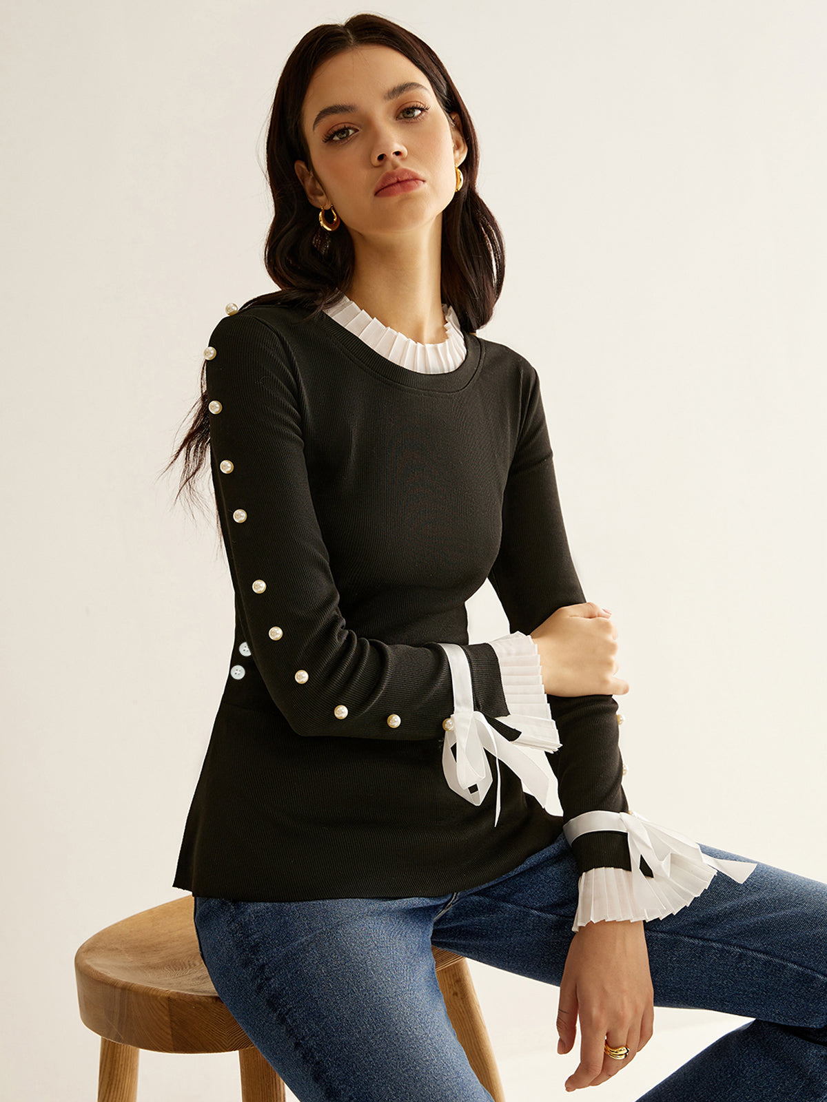 Fudus | Perlen Dekor Paneel Plissee Bluse