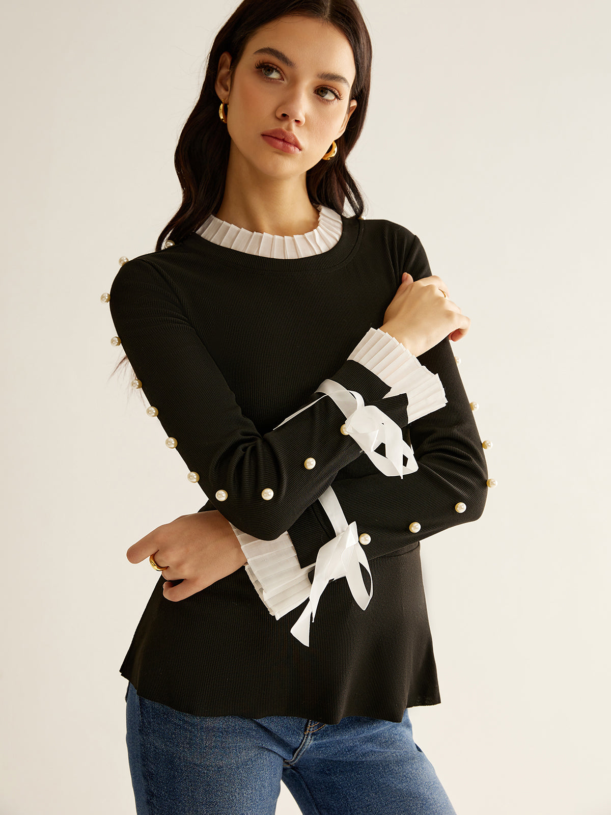 Fudus | Perlen Dekor Paneel Plissee Bluse