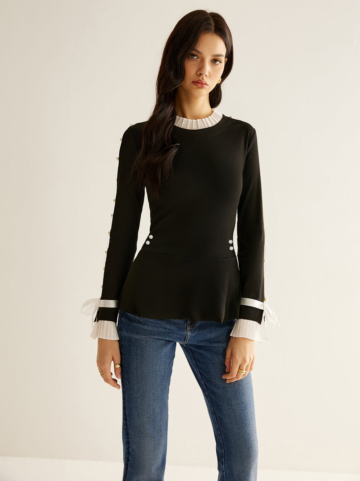 Fudus | Perlen Dekor Paneel Plissee Bluse