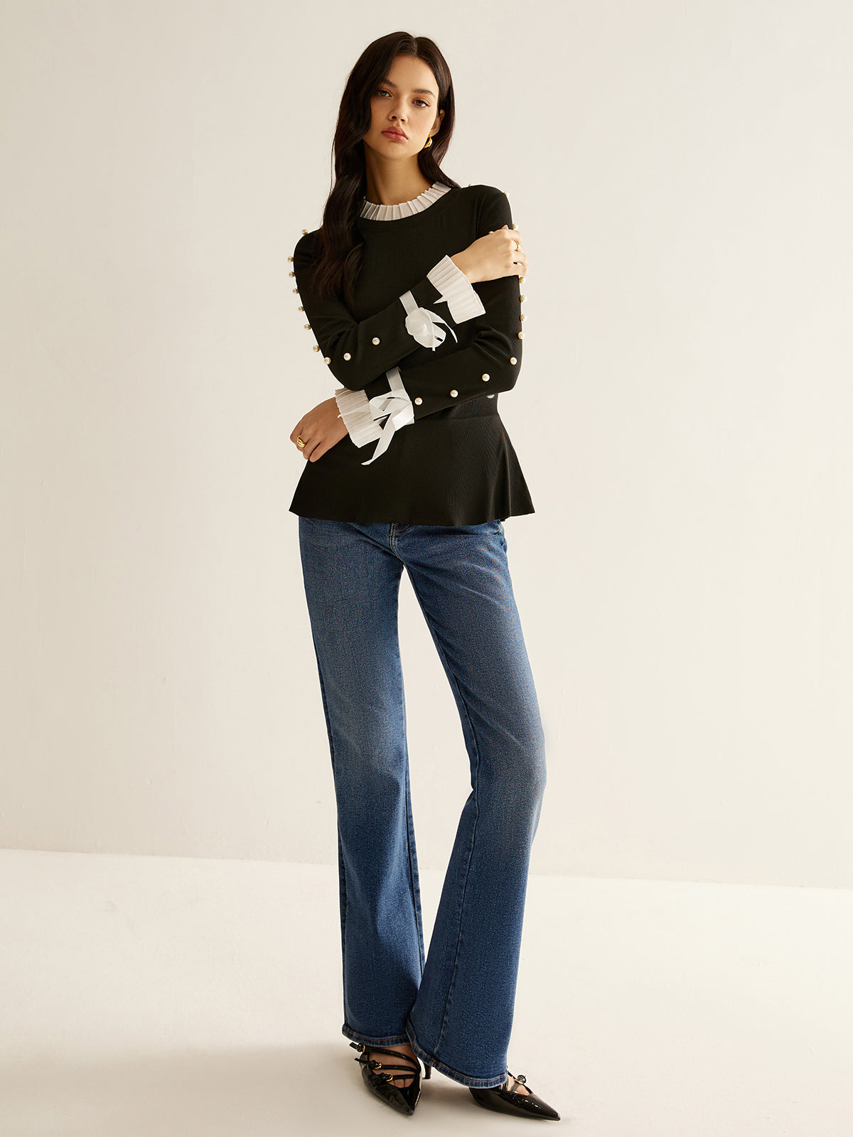 Fudus | Perlen Dekor Paneel Plissee Bluse