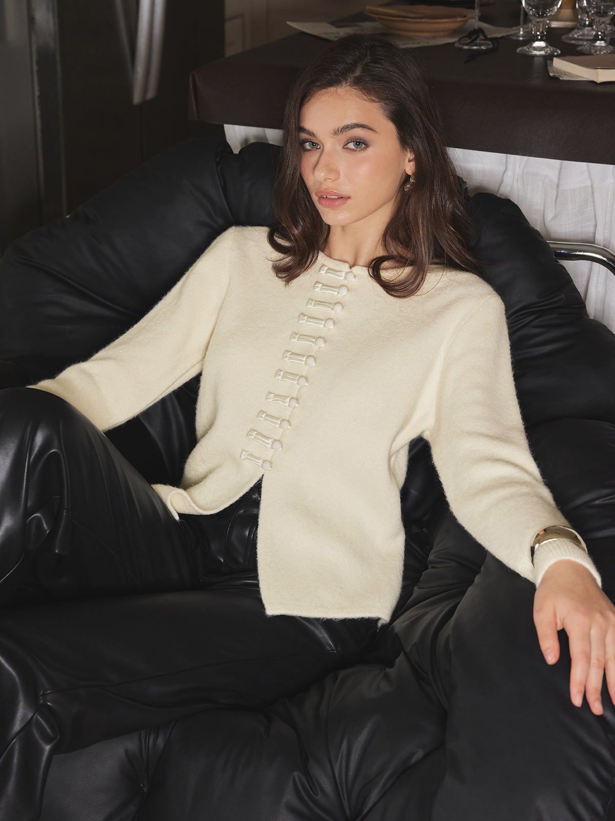 Fudus | Rundhals Knoten Button Stricktop