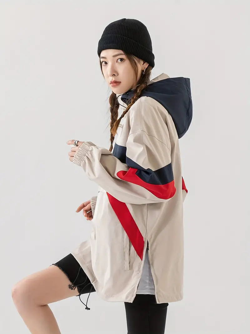 Keyvria | Color Blocked Hooded Drawstring Jacket, lässige Jacke mit Reißverschlusstasche