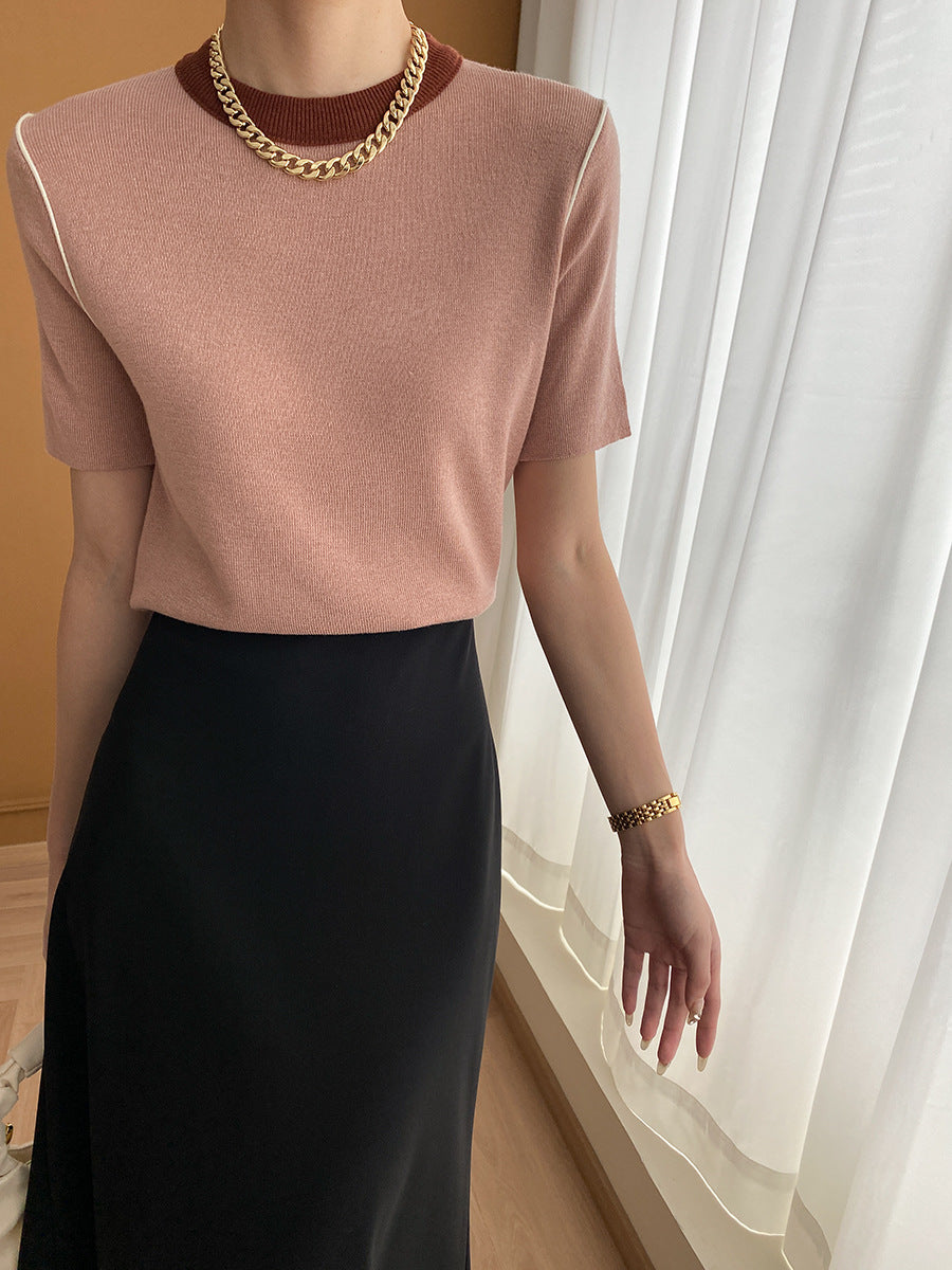Fudus | Retro Kontrastfarbe Rundhals Gestricktes Kurzarm-top