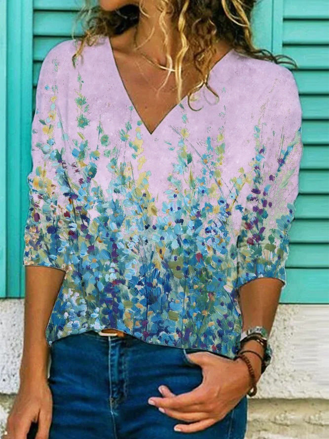 Fudus | Modischer Print V Hals Langarm T-Shirt