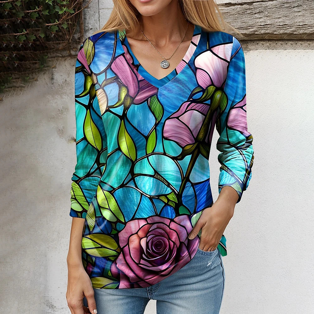 Fudus | Chic Print V-Ausschnitt Lockeres T-Shirt