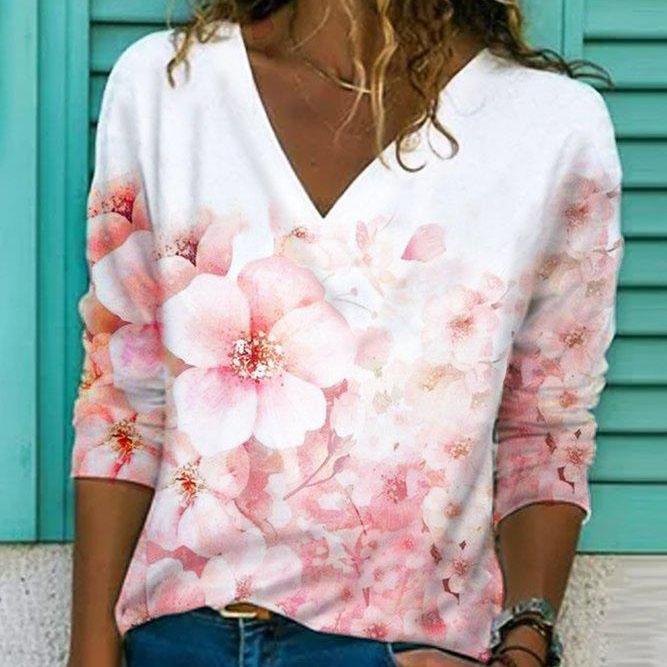 Fudus | Modischer Print V Hals Langarm T-Shirt
