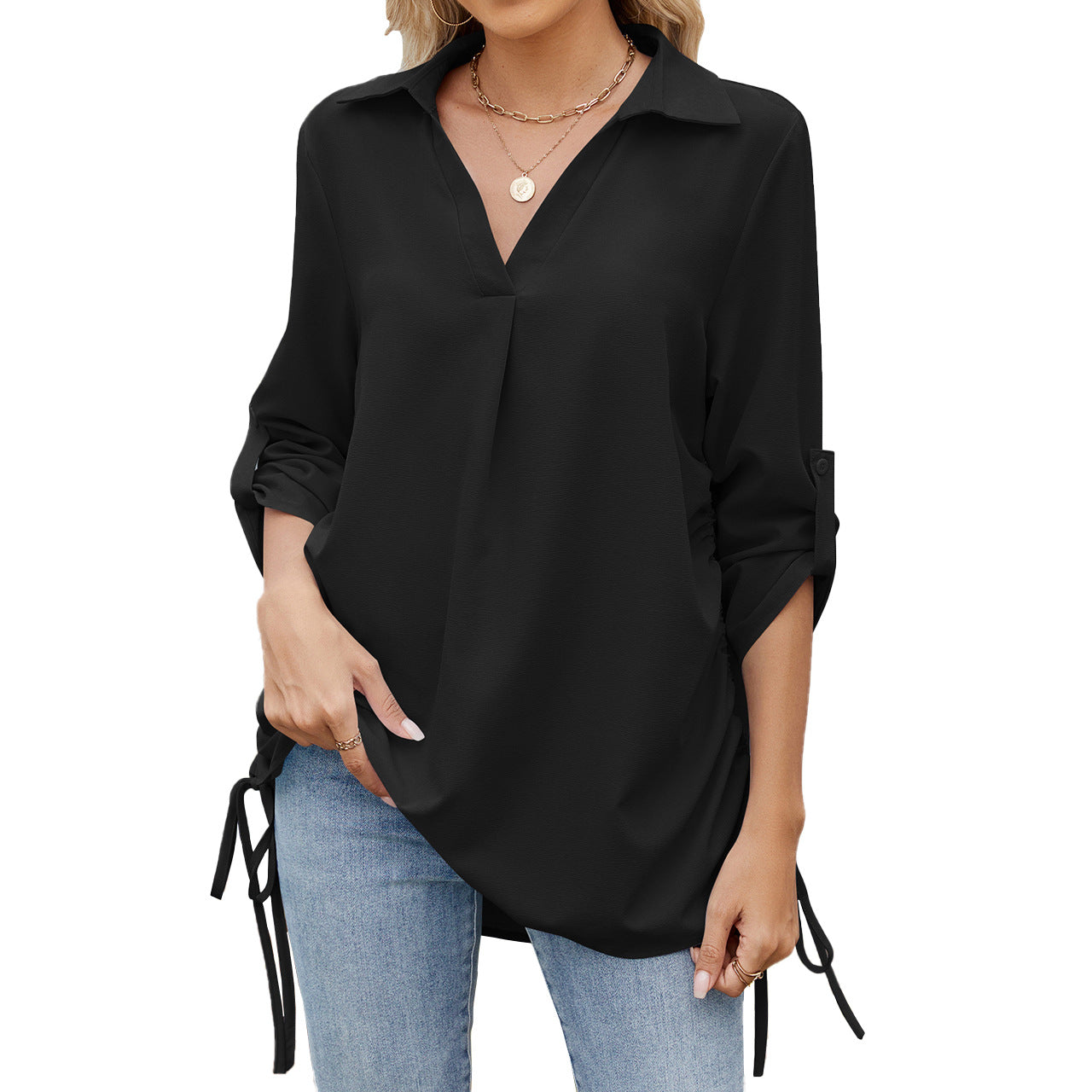 Fudus | Leichte lappenlose lockere Chiffon-Bluse mit halben Ärmeln