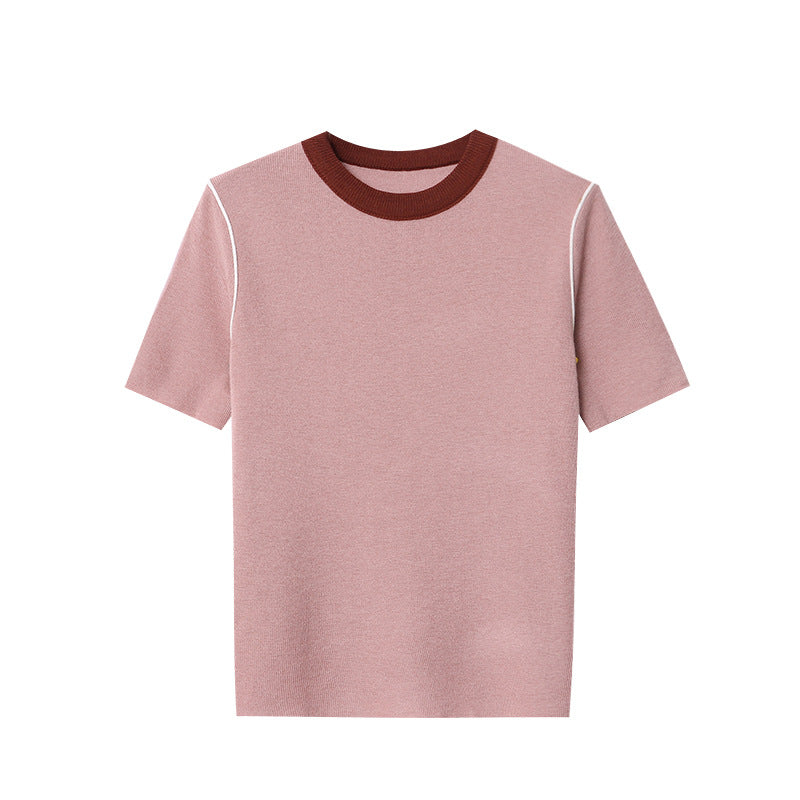 Fudus | Retro Kontrastfarbe Rundhals Gestricktes Kurzarm-top