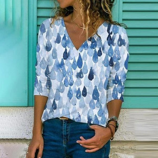 Fudus | Modischer Print V Hals Langarm T-Shirt