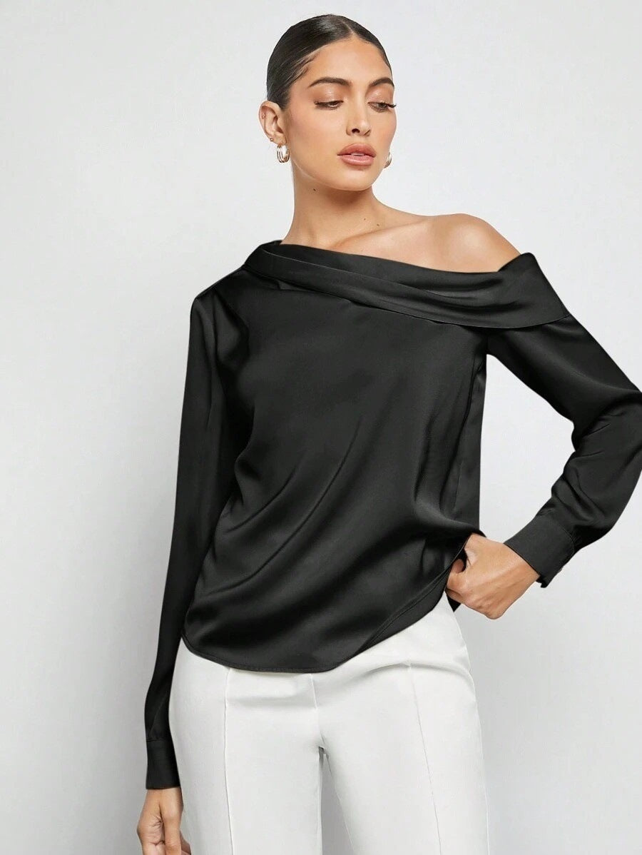 Fudus | Falten Satin Schulterfreies Langarmshirt